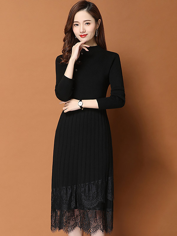 Black Stand Collar Knit Midi Dress with Lace Hem 