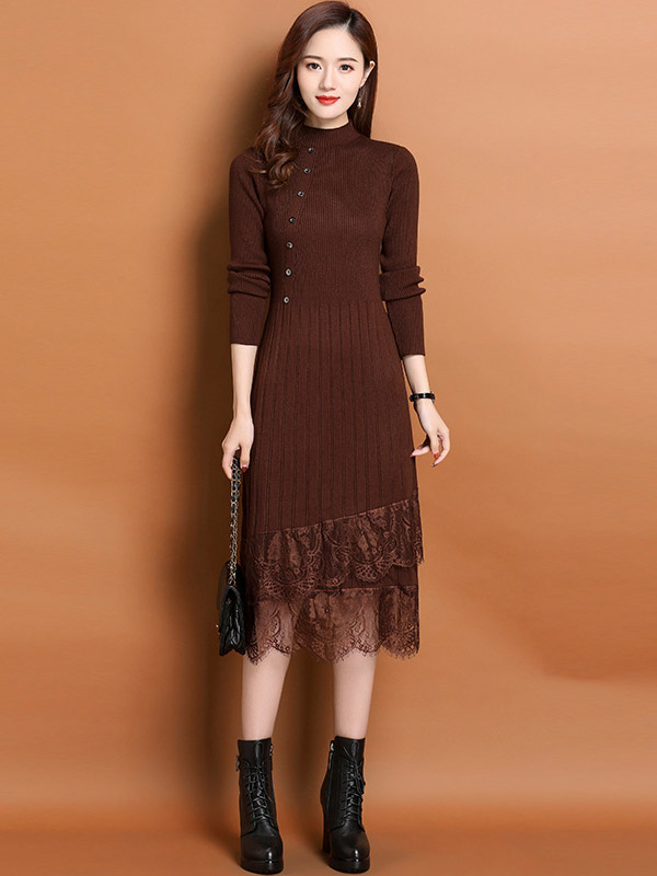 Brown Stand Collar Knit Midi Dress with Lace Hem 