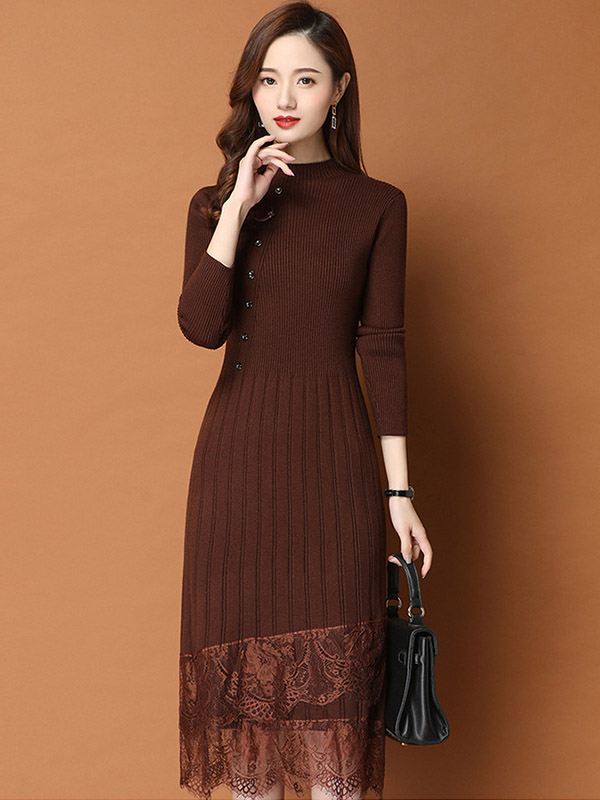 Brown Stand Collar Knit Midi Dress with Lace Hem 