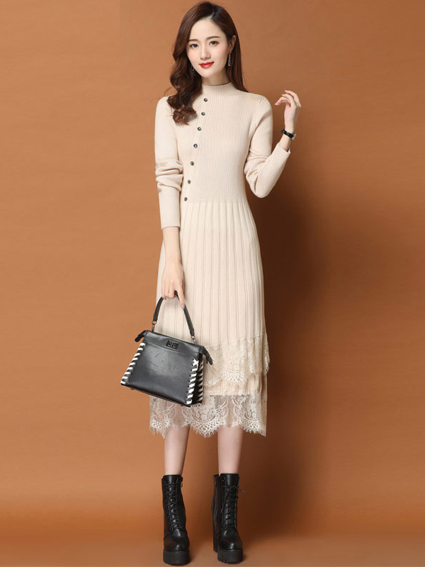 Apricot Stand Collar Knit Midi Dress with Lace Hem 