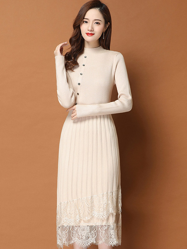 Apricot Stand Collar Knit Midi Dress with Lace Hem 