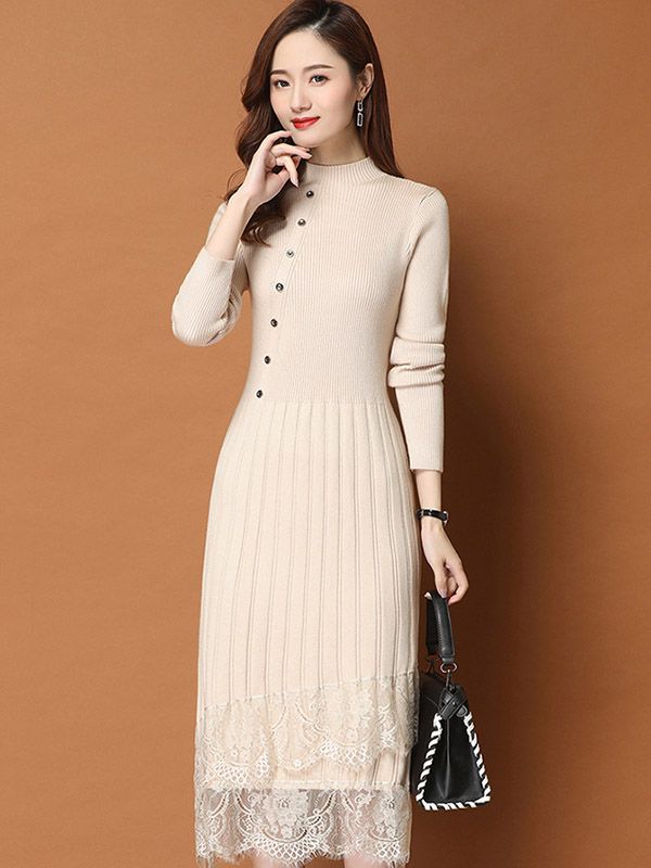 Apricot Stand Collar Knit Midi Dress with Lace Hem 