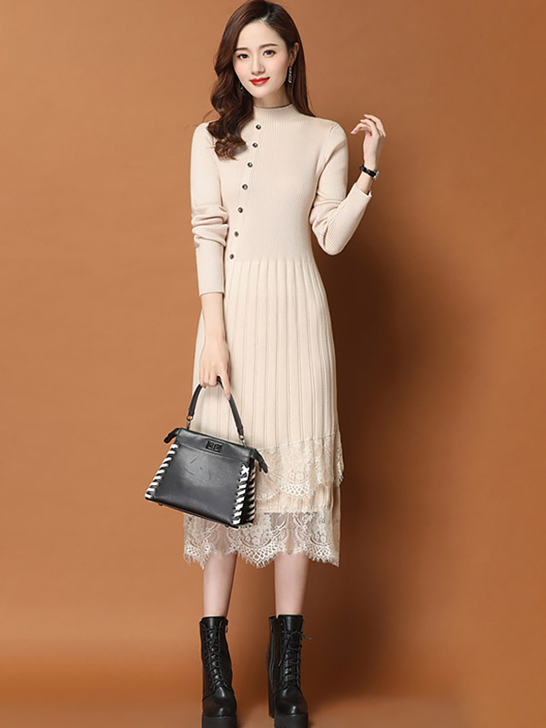 Apricot Stand Collar Knit Midi Dress with Lace Hem 