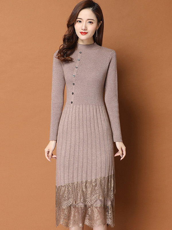 Khaki Stand Collar Knit Midi Dress with Lace Hem 