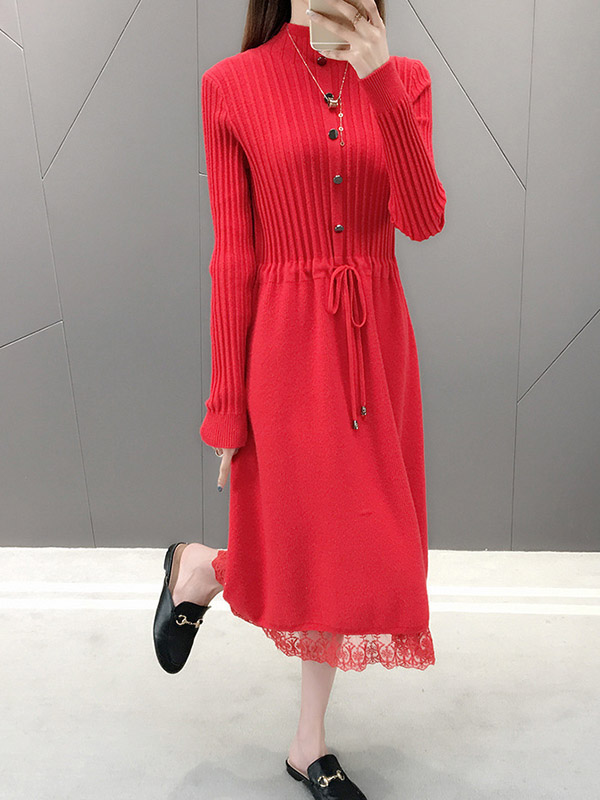 Red Stand Collar Tie Waist Knit Dress with Lace Trim