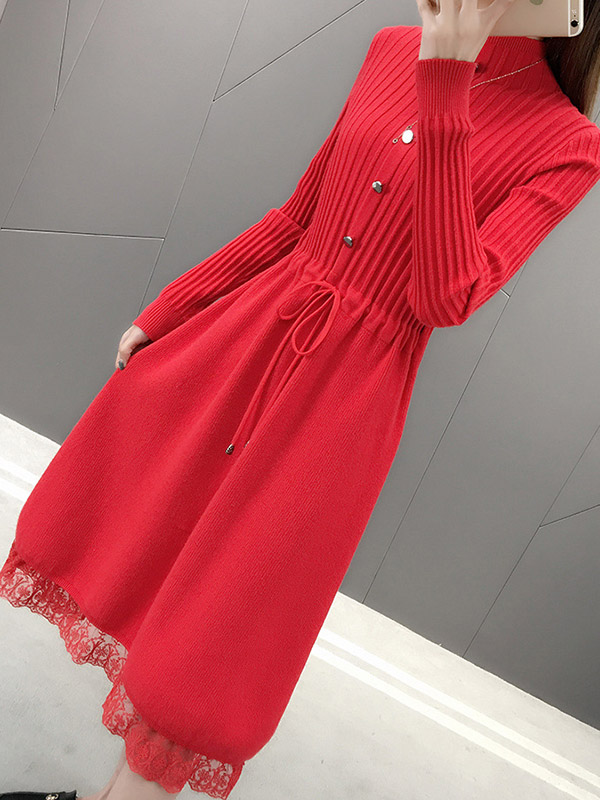 Red Stand Collar Tie Waist Knit Dress with Lace Trim