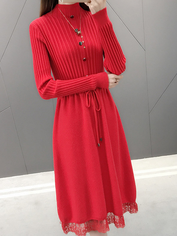 Red Stand Collar Tie Waist Knit Dress with Lace Trim