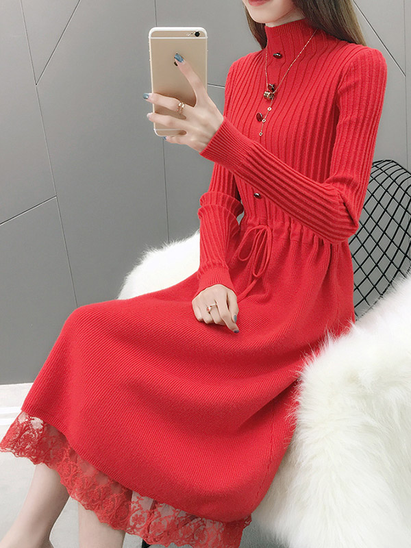 Red Stand Collar Tie Waist Knit Dress with Lace Trim