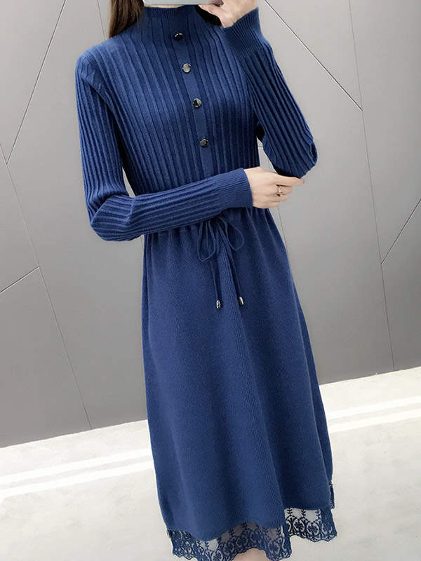 Blue Stand Collar Tie Waist Knit Dress with Lace Trim