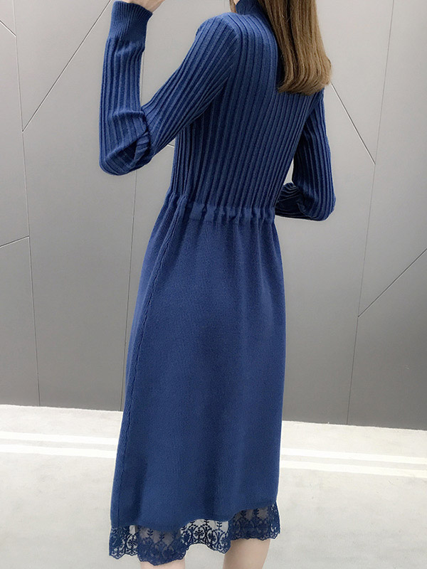 Blue Stand Collar Tie Waist Knit Dress with Lace Trim