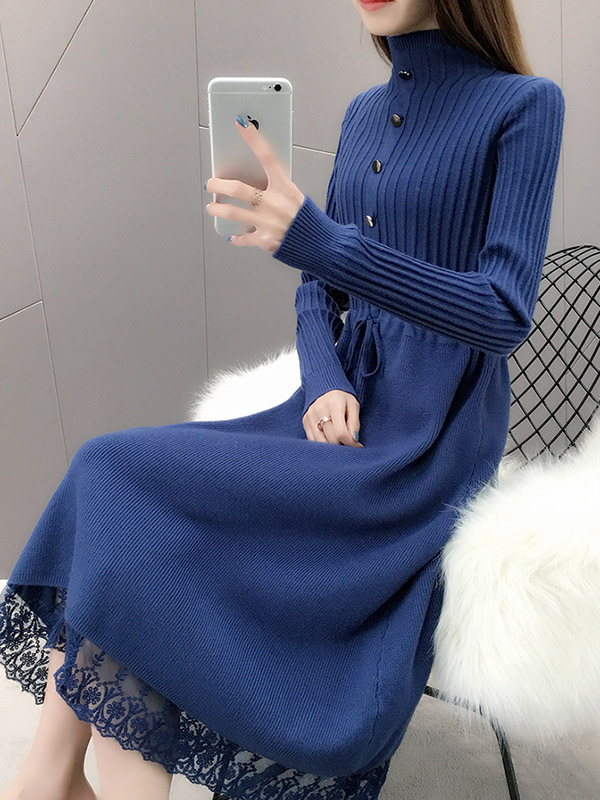 Blue Stand Collar Tie Waist Knit Dress with Lace Trim