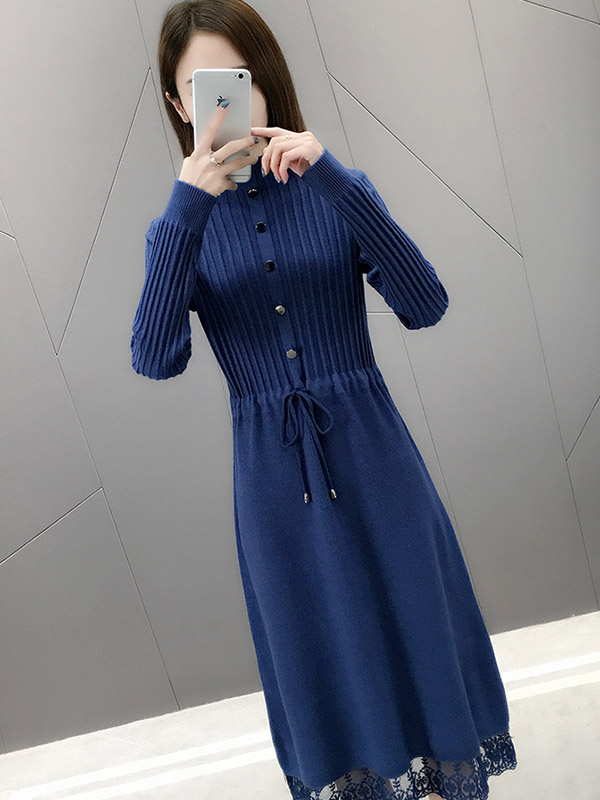 Blue Stand Collar Tie Waist Knit Dress with Lace Trim