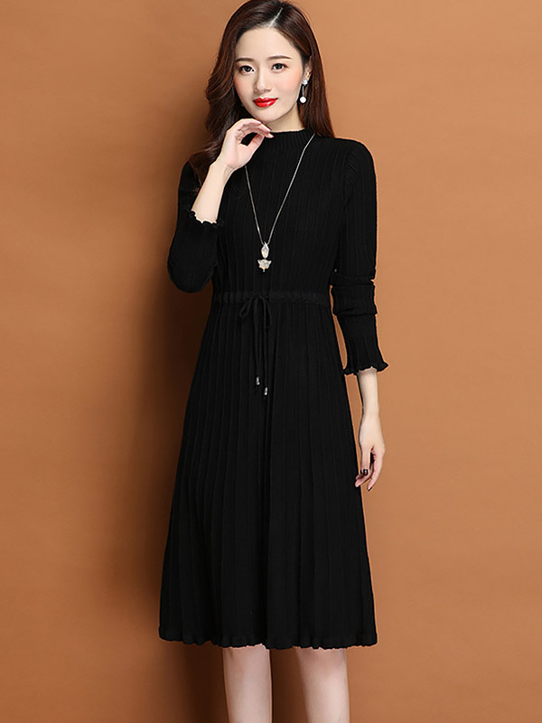 Black Stand Collar Tie Waist Knit Dress with Floral Hem