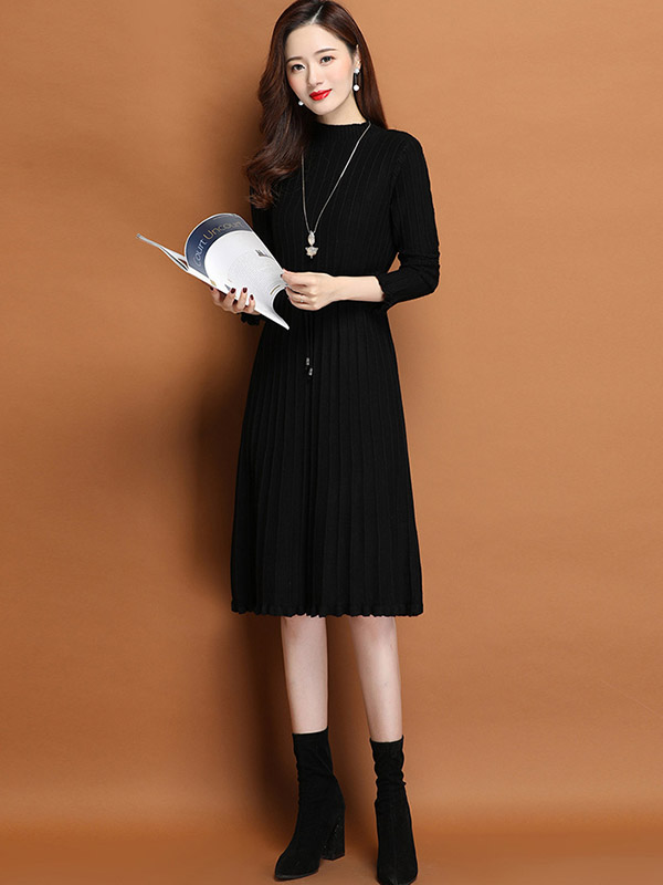 Black Stand Collar Tie Waist Knit Dress with Floral Hem