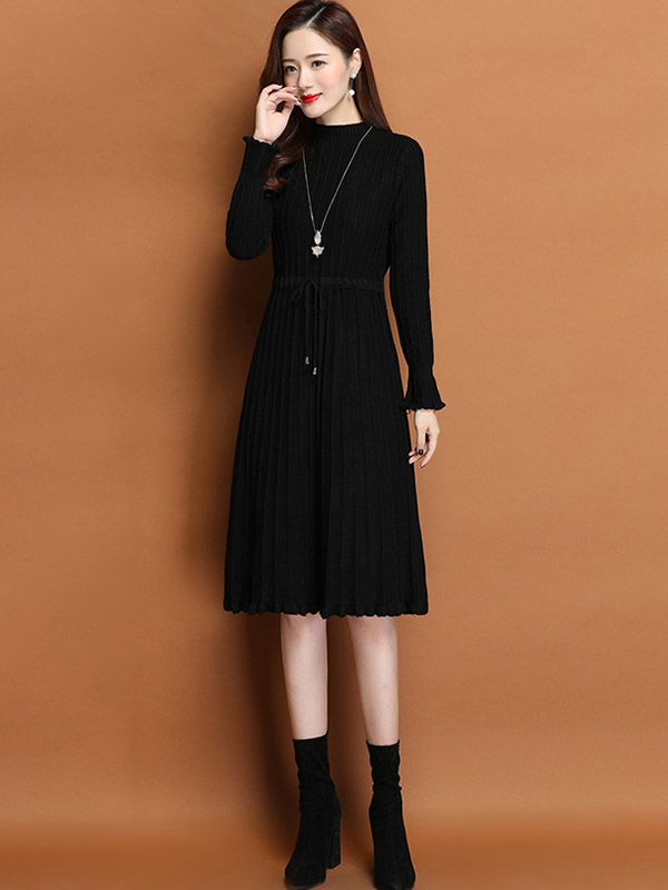 Black Stand Collar Tie Waist Knit Dress with Floral Hem