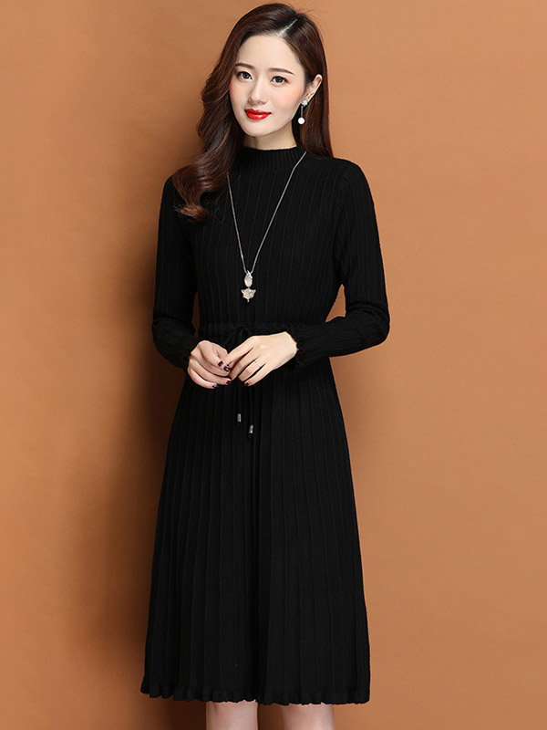 Black Stand Collar Tie Waist Knit Dress with Floral Hem