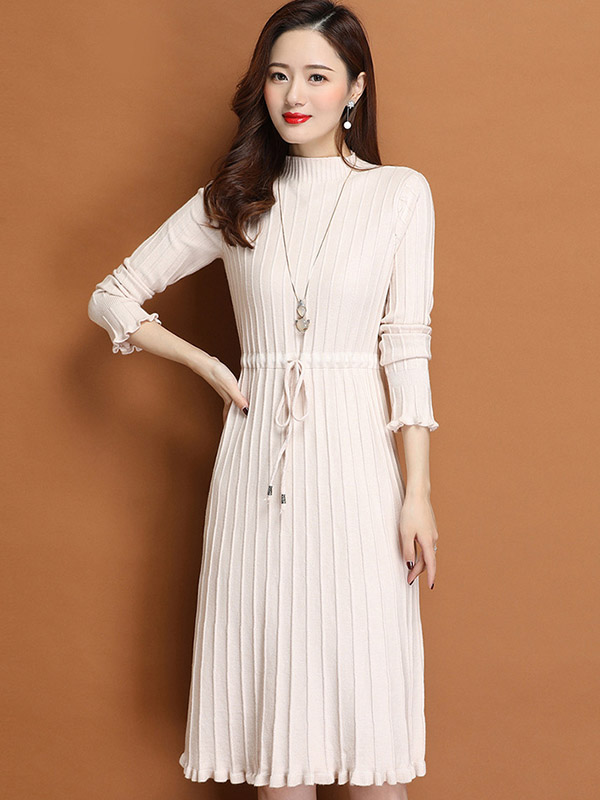 Apricot Stand Collar Tie Waist Knit Dress with Floral Hem