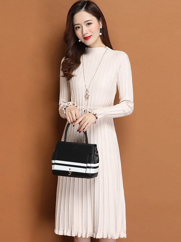 Apricot Stand Collar Tie Waist Knit Dress with Floral Hem