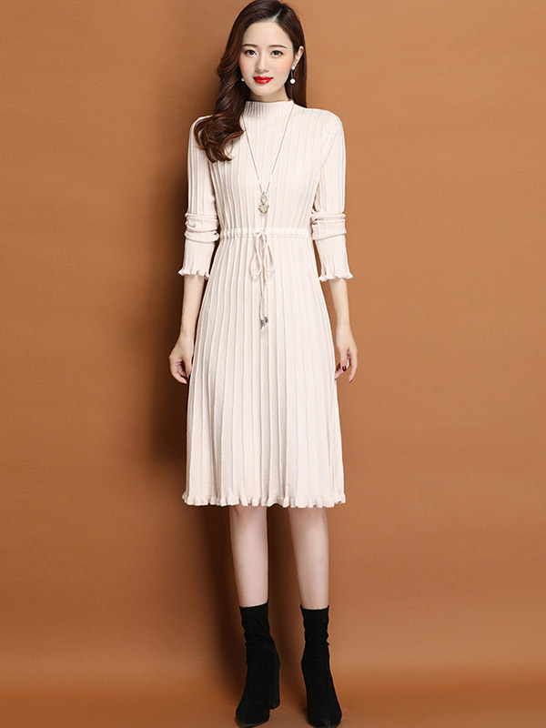 Apricot Stand Collar Tie Waist Knit Dress with Floral Hem