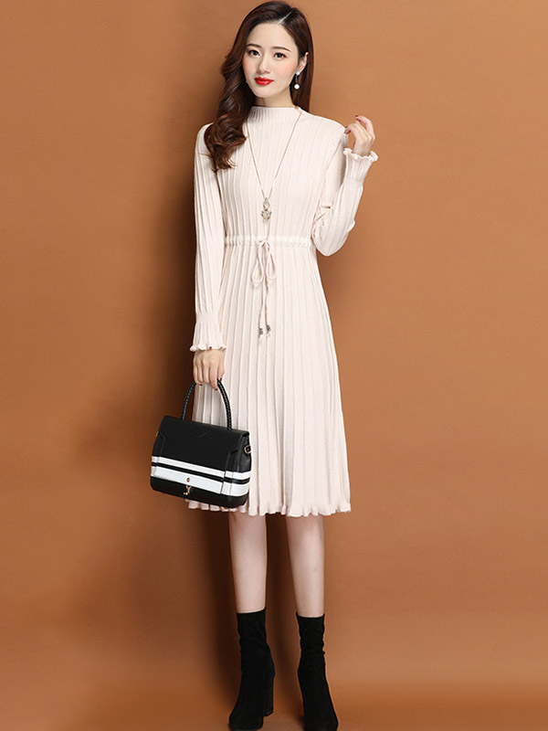 Apricot Stand Collar Tie Waist Knit Dress with Floral Hem