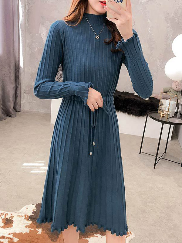 Blue Stand Collar Tie Waist Knit Dress with Floral Hem