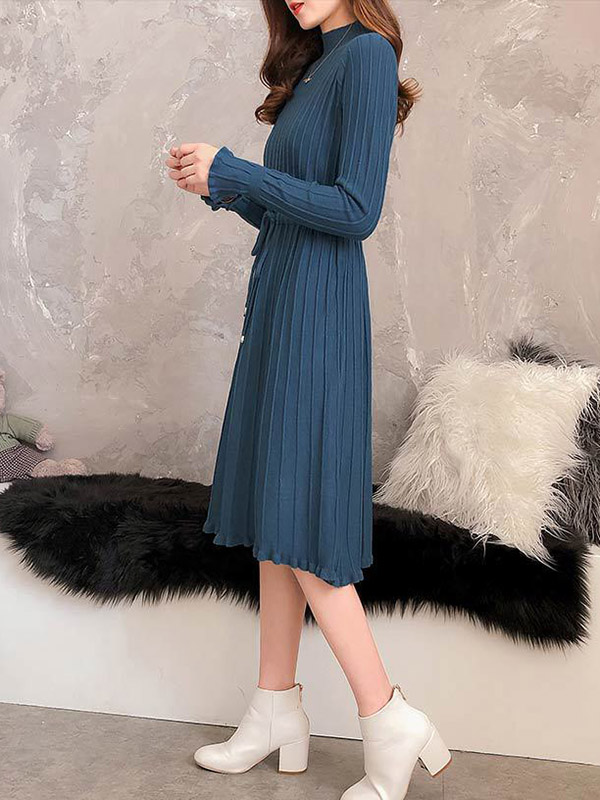 Blue Stand Collar Tie Waist Knit Dress with Floral Hem