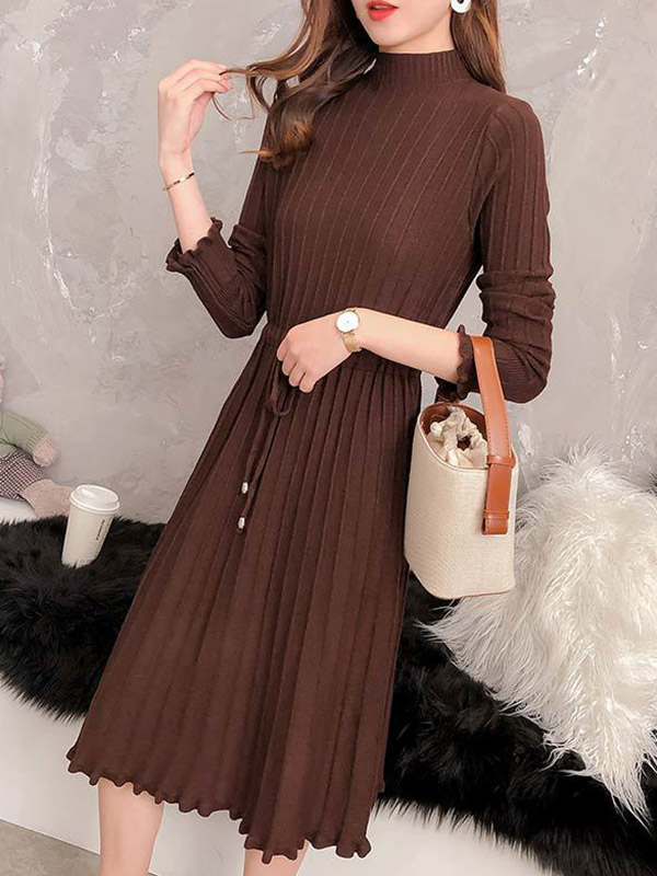 Brown Stand Collar Tie Waist Knit Dress with Floral Hem