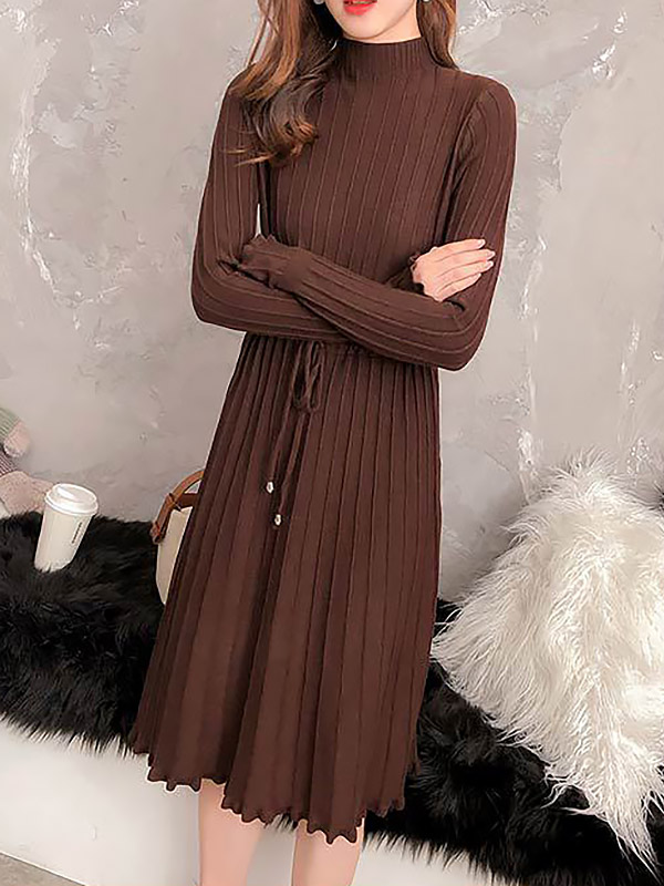 Brown Stand Collar Tie Waist Knit Dress with Floral Hem