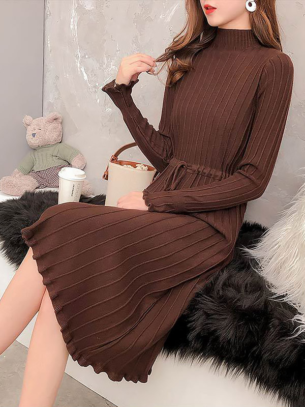 Brown Stand Collar Tie Waist Knit Dress with Floral Hem