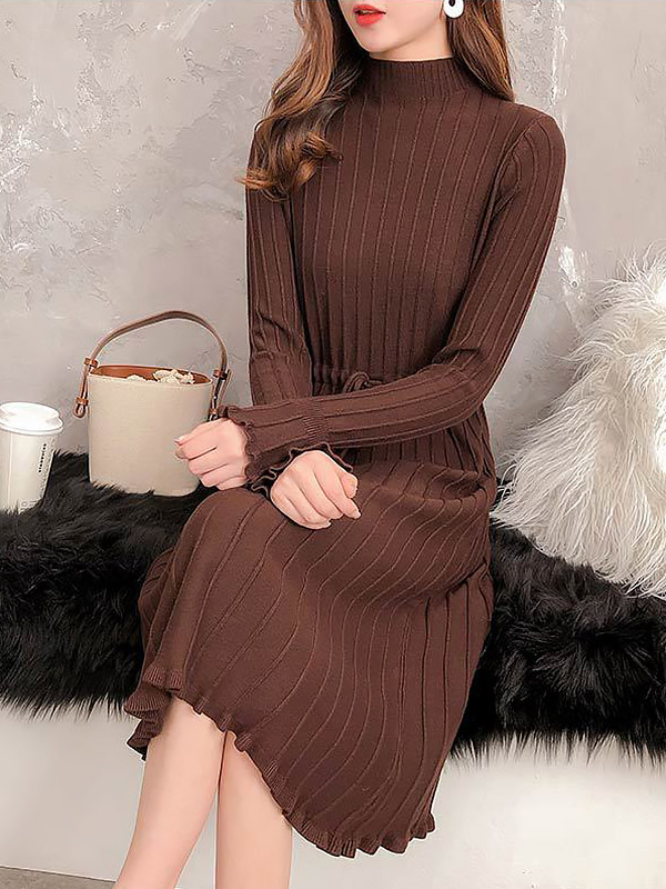 Brown Stand Collar Tie Waist Knit Dress with Floral Hem