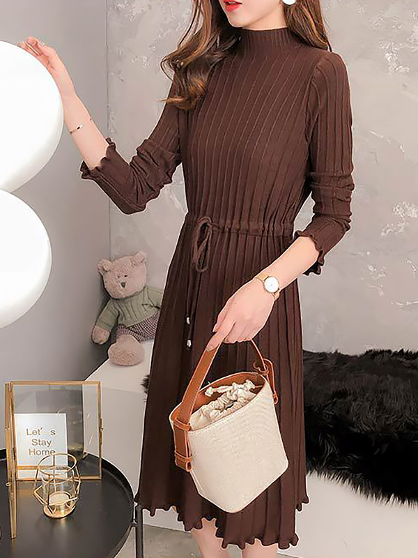 Brown Stand Collar Tie Waist Knit Dress with Floral Hem