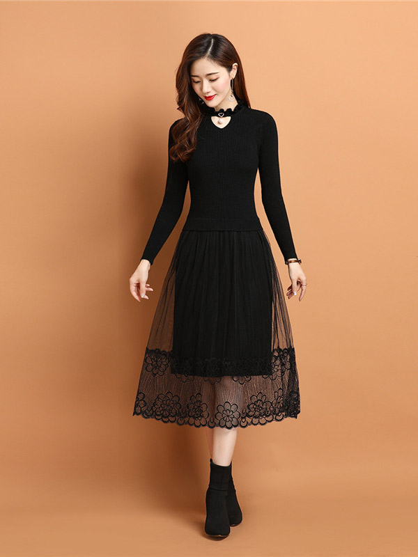 Black Cutout Collar Knit Dress with Guaze Detail