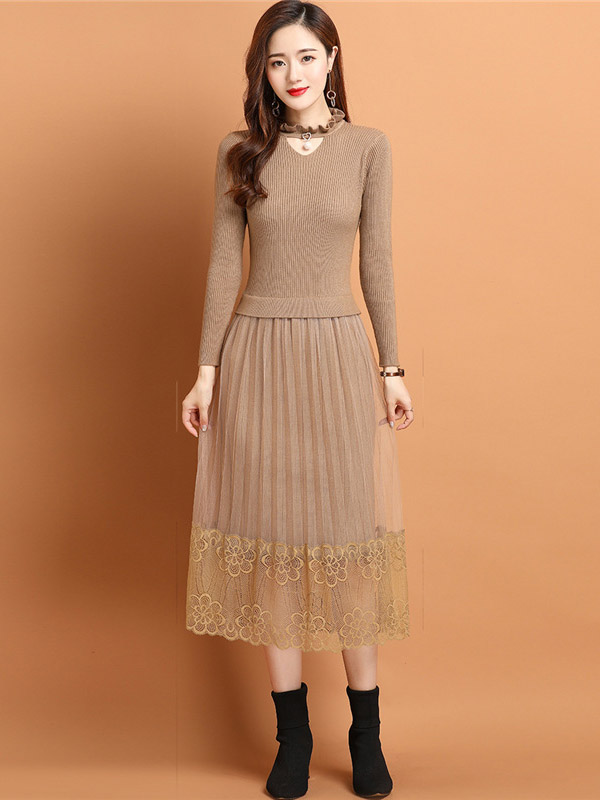 Khaki Cutout Collar Knit Dress with Guaze Detail