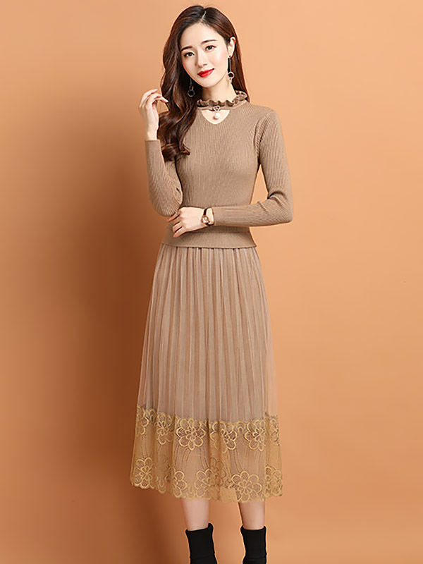 Khaki Cutout Collar Knit Dress with Guaze Detail