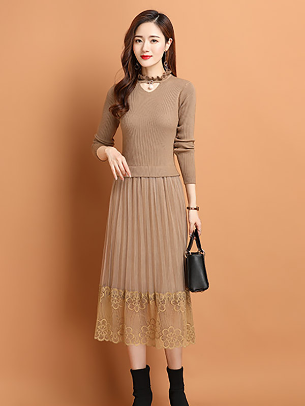 Khaki Cutout Collar Knit Dress with Guaze Detail