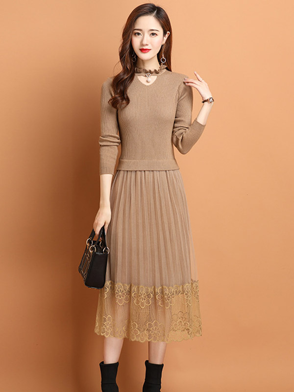 Khaki Cutout Collar Knit Dress with Guaze Detail