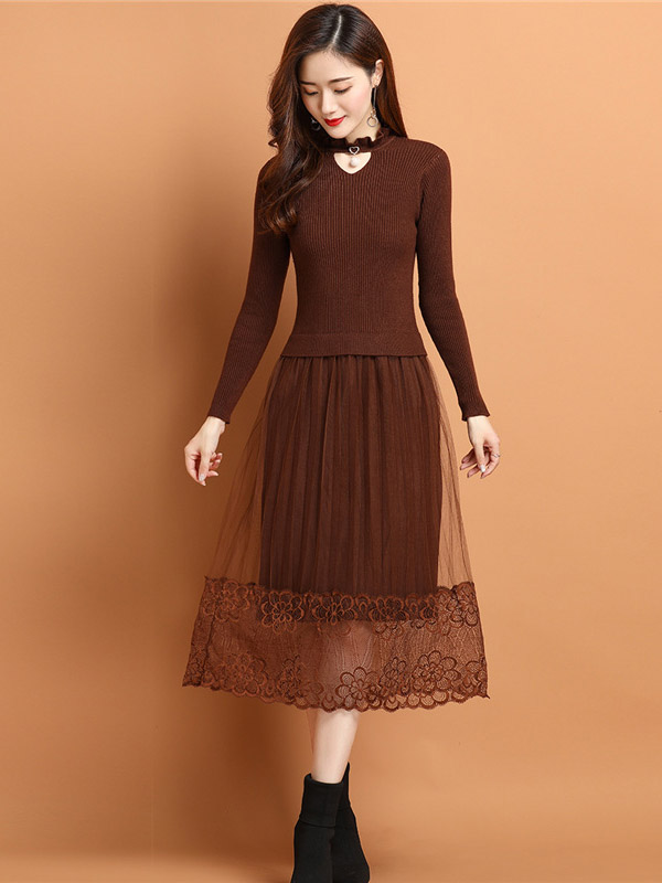 Brown Cutout Collar Knit Dress with Guaze Detail