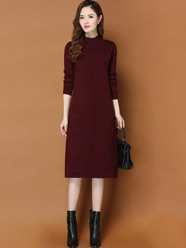 Burgundy Round Neck Shift Split Knit Dress