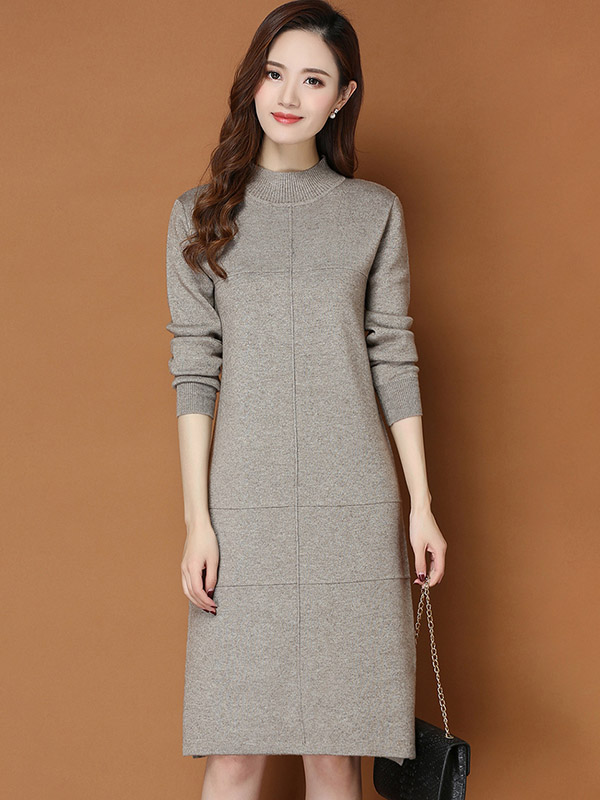 Khaki Round Neck Shift Split Knit Dress