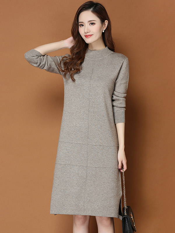 Khaki Round Neck Shift Split Knit Dress