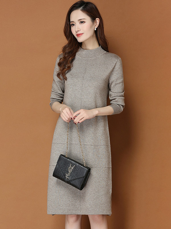 Khaki Round Neck Shift Split Knit Dress