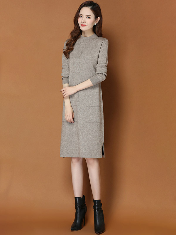 Khaki Round Neck Shift Split Knit Dress