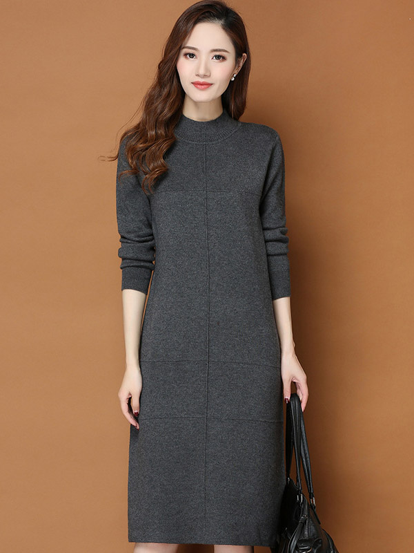 Dark Grey Round Neck Shift Split Knit Dress