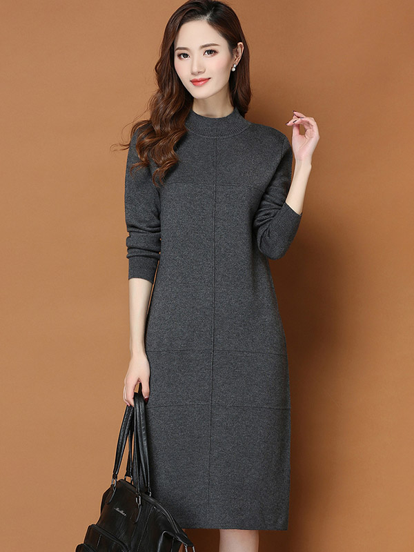 Dark Grey Round Neck Shift Split Knit Dress