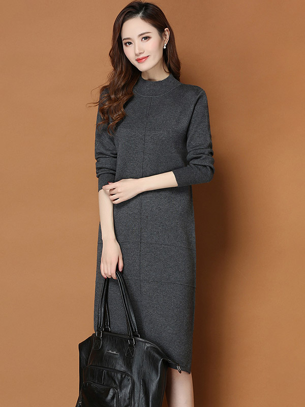 Dark Grey Round Neck Shift Split Knit Dress