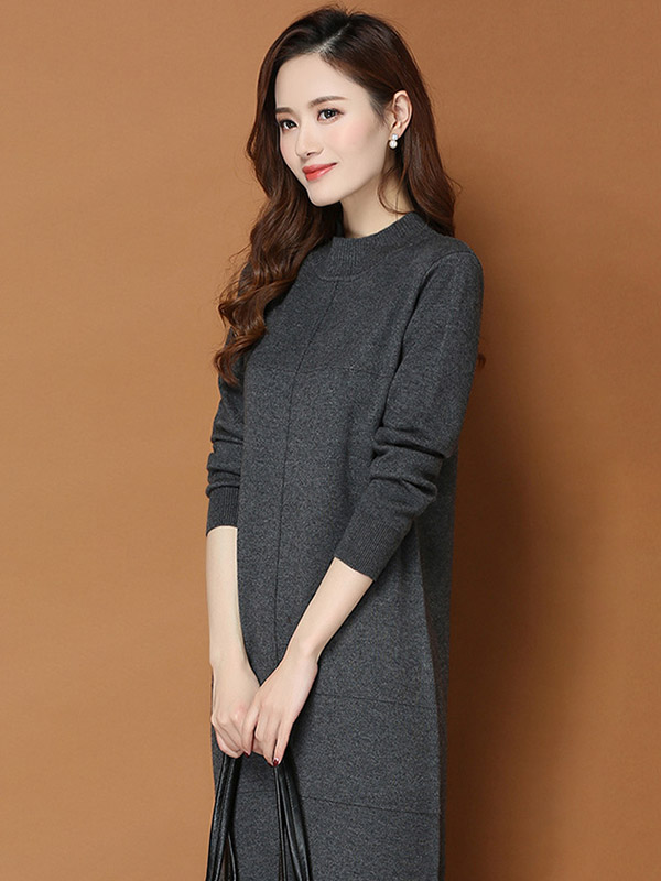 Dark Grey Round Neck Shift Split Knit Dress