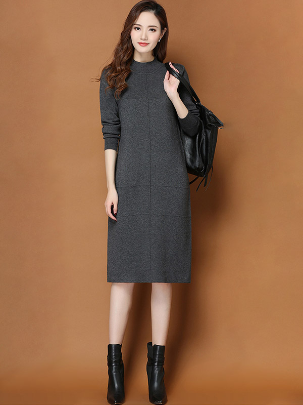 Dark Grey Round Neck Shift Split Knit Dress