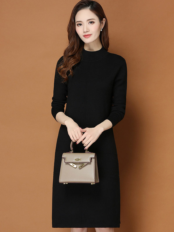 Black Round Neck Shift Split Knit Dress