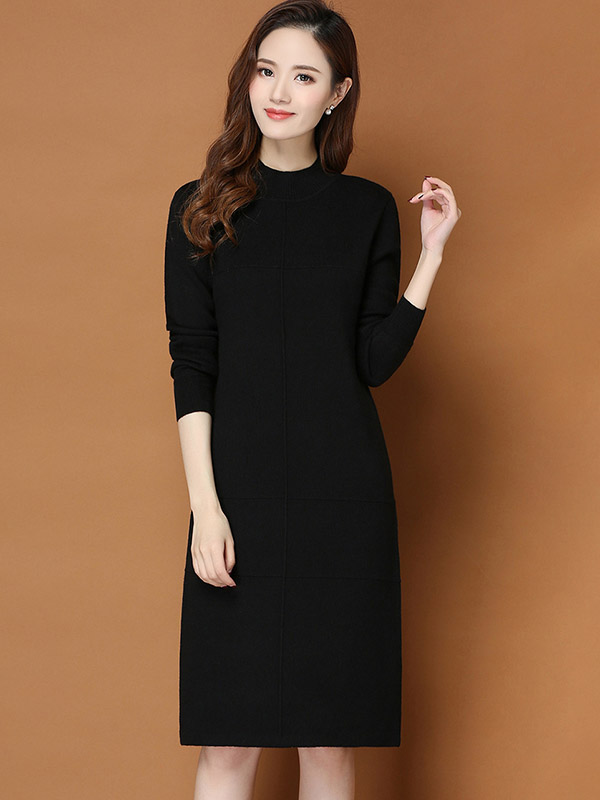 Black Round Neck Shift Split Knit Dress