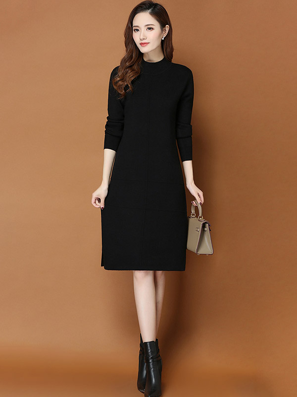 Black Round Neck Shift Split Knit Dress